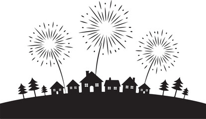 Black silhouette of houses and trees with fireworks display
