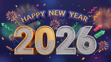 Happy New Year 2026 3D text with glitter numbers festive confetti and fireworks ideal for holiday greetings party invitations and digital banners