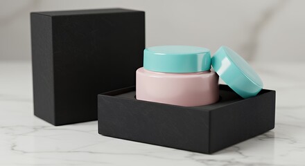 Pink and Blue Cosmetic Jars in Black Gift Box on White Marble Surface