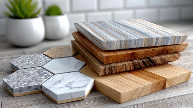 tile and flooring section in home improvement store with ceramic and wooden floor samples, stylish organized interior