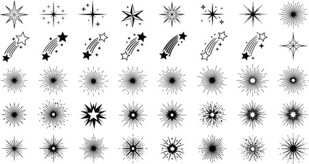Starburst and sparkle vector icon set, different shapes of shining stars, sunburst, explosion, shooting comet, collection of graphic elements.