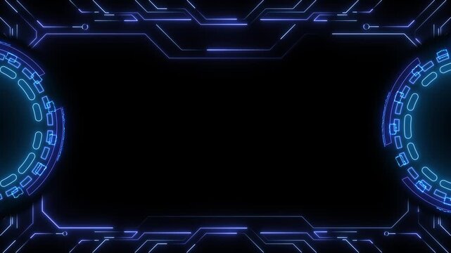 Hi-tech futuristic Artificial Intelligence engine in 4K Frame HUD element. viewfinder. viewfinder. heads up display screen scanner. circle interfaces Hologram VHS Noise Background In Hi Future Frame.