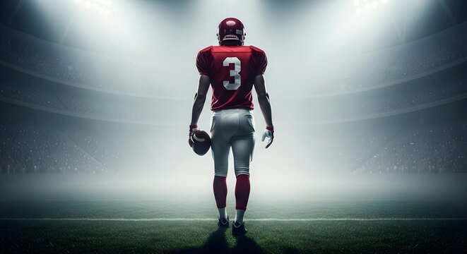 American Football Player Stands on the Field in Stadium at Night