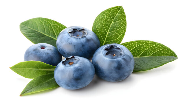Four plump, fresh blueberries with vibrant green leaves isolated on a clean white background for healthy eating - Powered by Adobe
