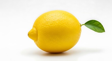 Single yellow lemon with leaf isolated on white background