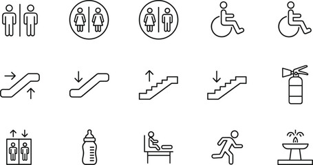 Public restroom accessibility icon set with male female toilet wheelchair elevator escalator stairs fire extinguisher baby bottle signs vector outline © Hasan Creatives