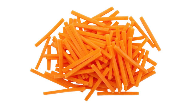 Isolated pile of carrot sticks for healthy snacking, diet, cooking, or children's lunch