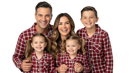 Obraz premium Happy family portrait in matching pajamas, smiling and radiating warmth and togetherness