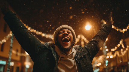 A young man rejoices with his arms spread wide