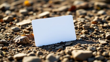 Blank Card on Rough Ground: A pristine blank card rests on a bed of pebbles, inviting a world of possibilities against a backdrop of raw natural texture.