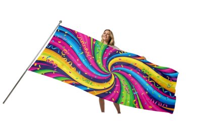 A woman holding a colorful flag with a vibrant swirling pattern