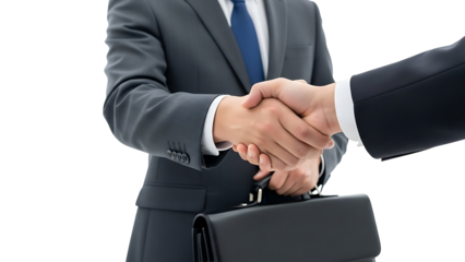 Business deal handshake in an office setting, with a briefcase. Showcasing professionalism and agreement