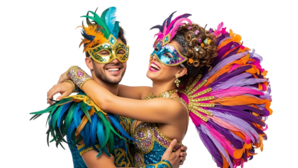 A happy couple dressed in vibrant, colorful carnival costumes, embracing and laughing joyfully. Their ornate masks add mystery and allure to the celebratory scene