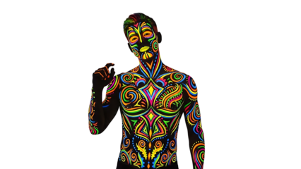 A man with his body painted with vibrant UV colors against a black backdrop. The artistic body paint glows, with intricate designs covering his face and torso.