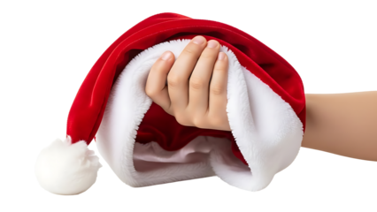 A person's hand holding a festive Santa hat, conveying the spirit of the Christmas season. The hat is a vibrant red with a fluffy white trim, ready to bring warmth and cheer. 