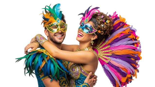 A happy couple dressed in vibrant, colorful carnival costumes, embracing and laughing joyfully. Their ornate masks add mystery and allure to the celebratory scene - Powered by Adobe