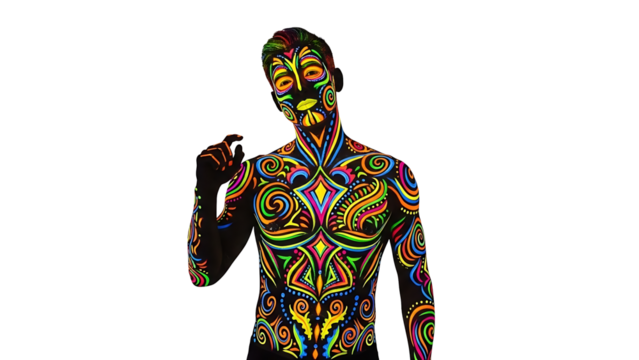 A man with his body painted with vibrant UV colors against a black backdrop. The artistic body paint glows, with intricate designs covering his face and torso. - Powered by Adobe