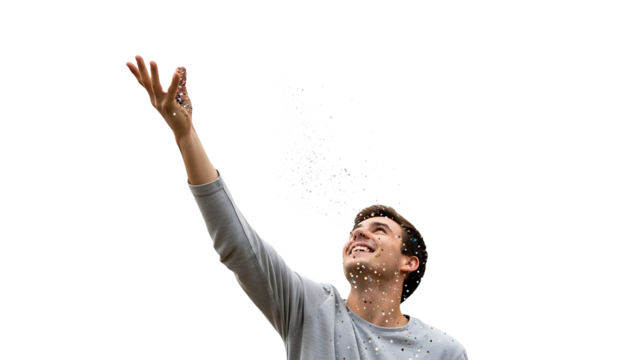 A man looking up with happiness and joy with raised arms - Powered by Adobe