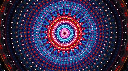 Intricate glowing mandala pattern with vibrant blue and red colors creating a hypnotic design