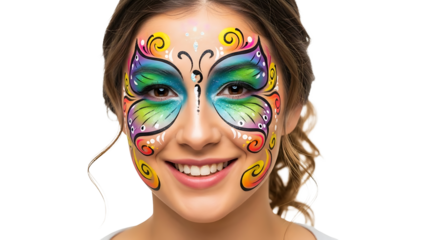 A woman with creative butterfly face paint smiles radiantly. Her eyes are adorned with a colorful, vibrant design