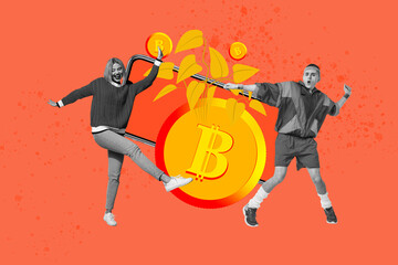 Full image poster banner collage of happy businessman businesswoman miner stand phone device bitcoin coin income capital