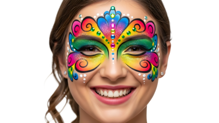 A cheerful woman adorned with intricate face paint in vibrant colors smiling with happiness 