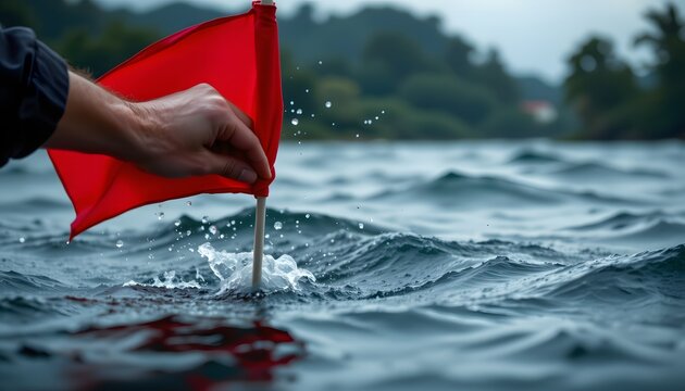 Alert in the Waters: A hand firmly plants a vibrant red flag into the churning waves, serving as a powerful emblem of warning in the vast, unpredictable ocean.