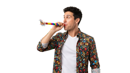 A person is blowing a colorful party horn, showing excitement and joy