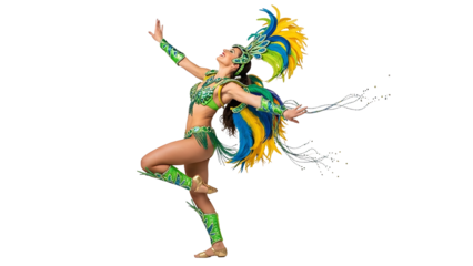 A dancer in a vibrant costume performs a graceful dance with flowing feathers. The dancer's expression radiates joy and exuberance