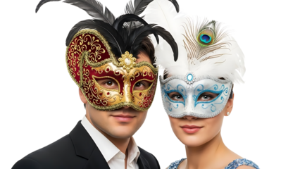 A couple wearing ornate masks, radiating elegance and mystery. The image captures the essence of a masquerade ball, filled with intrigue and style