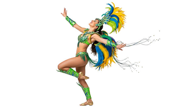 A dancer in a vibrant costume performs a graceful dance with flowing feathers. The dancer's expression radiates joy and exuberance