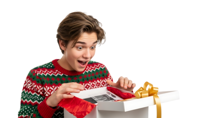A young person opening a gift with surprise and joy on their face, revealing its contents