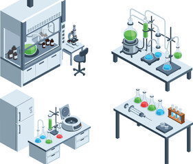 Obraz premium Isometric Scientific Laboratory Illustration Featuring Chemical Workstations, Glassware, Reagents, Centrifuge, Microscope, Syringe, Digital Scale, and Sample Storage