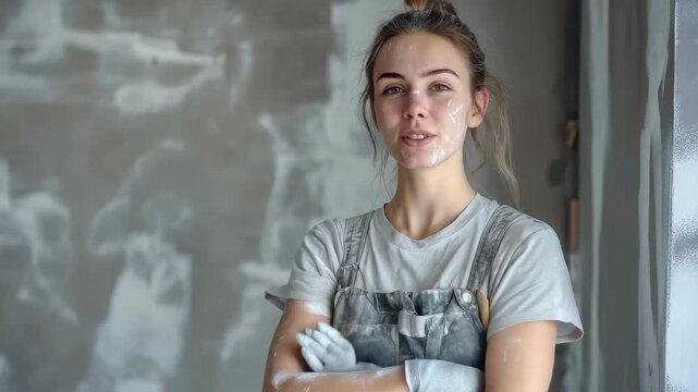 Woman engaged in taping and mudding drywall joints in a home renovation project with a focused expression and a bit of drywall compound on her face