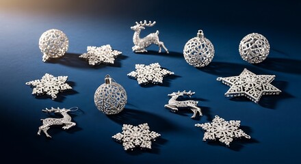 Elegant Christmas Ornaments - Reindeer, Stars, and Spheres on Blue.