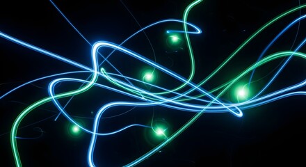 Obraz premium Abstract light trails creating a dynamic pattern of glowing neon blue and green lines. Technology, communication, and speed concept. Futuristic digital backdrop with electrical energy streaks on black