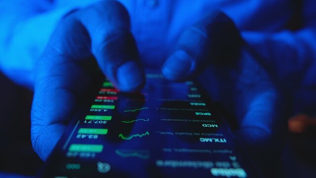 Businessman hands checking financial stock market charts on a mobile phone in a dark blue room
