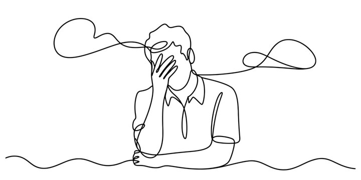 Continuous line drawing of a man experiencing stress and anxiety, covering his face with his hand, symbolizing mental burden and overwhelming thoughts. Vector, illustration