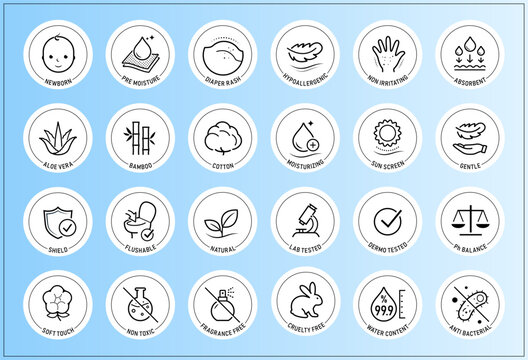 Kids care and hygiene set icons. The outline icons are well scalable and editable. Perfect for  baby pads, mats, diapers, tissues, napkins and etc. EPS10.