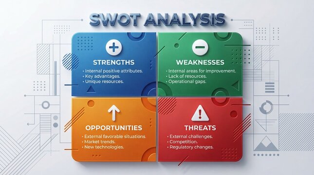 Colorful swot analysis chart explains strategy; swot analysis blocks show strengths weaknesses opportunities threats, swot analysis concept helps teams present business review in workshop slide