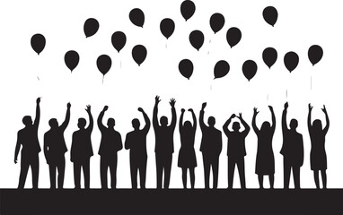 Silhouette crowd releasing black balloons into white sky