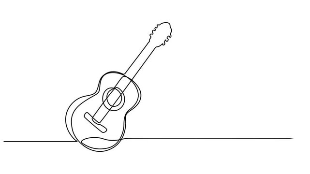 Animated self drawing of single continuous line draw electric guitar. Stringed music instruments concept. Full length one line animation illustration. Self drawing Animated of single classical guitar.