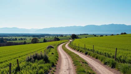 Naklejka premium Winding dirt road through serene landscape rolling hills nature photography peaceful environment panoramic view