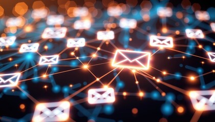 Digital glowing network of email connections virtual space graphic design dark environment futuristic concept