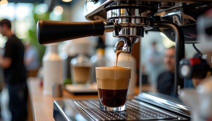 Crafting a perfect espresso shot coffee shop close-up view barista at work inviting atmosphere beverage mastery