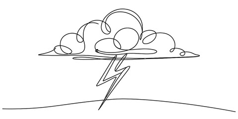 Abstract continuous line drawing of a storm cloud with a lightning bolt, illustrating powerful natural elements and dynamic energy. Vector, illustration