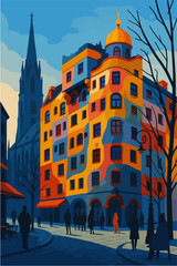 Vibrant european corner building and city street evening illustration © Mas Muads