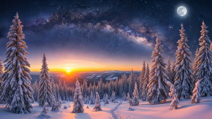 Golden sunbeams pierce snowy forest landscape with frozen stream