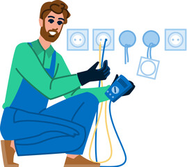 Electrician installing and repairing electrical outlets with multimeter