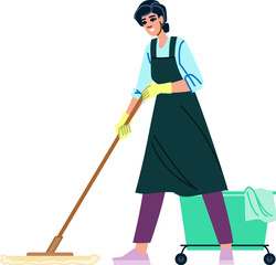 Woman janitor mopping floor with cleaning cart service
